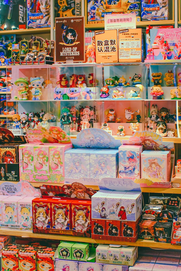 Vibrant display of anime figurines and collectibles in a toy store with diverse characters.